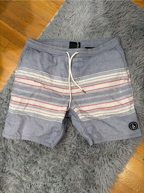 Volcom Light Blue Striped Drawstring Swim Shorts